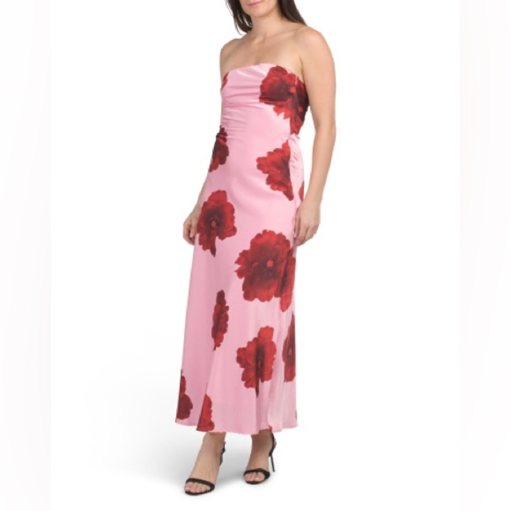 Women's Pink Floral Maxi Dress with Red Bloom Print